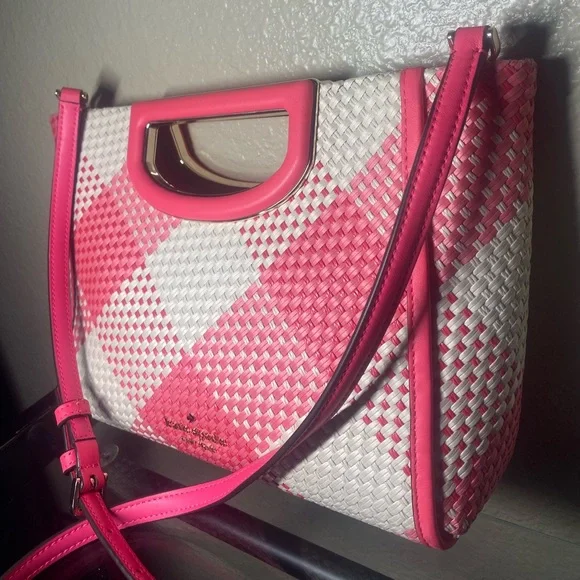 Kate Spade Pink and White Checkered Woven Clutch - Picture 3 of 12